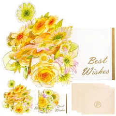 【新品】 Lois Pique 花があふれる メッセージカード 黄 3枚 封筒付き 立体 おしゃれ レターセット 多目的 バースデーカード 記念日 お祝い クリスマス ミニ 0