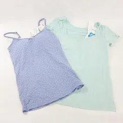 ユニクロ UNIQLO Tシャツ キャミソール 2点セット エアリズム Uネック 半袖 カップ付 サラファイン 総柄 マルチドット 緑 紫 グリーン パープル M