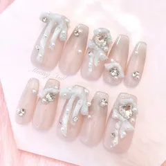 No.116オーダー♡量産型ワンホン韓国フレンチガーリーリボンスナ系ネイルチップ パールハート