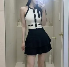 白ニット ホルターネック リー リボン トップス