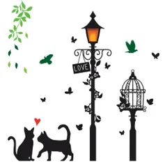 廊下 リビング インテリア 玄関 黒 モノクロ 店舗 北欧 薔薇 ショーウインドウ 星 蝶 ガラスドア 鳥 剥がせる 英字 柵 壁紙 鳥かご 風船 シール 楽譜 音楽 ウォールシール 街灯 鉢植え ブラック 黒猫 猫 (猫と街灯) ウォールステッカー