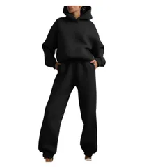 [goodspoon] スウェット セットアップ レディース 上下セット パーカー ロングパンツ フード付き オーバーサイズ ゆったり 厚手 カジュアル ルームウェア 部屋着 ワンマイルウェア 春秋冬 アクティブ お出かけ 旅行 スポー [ブラック] [XL]