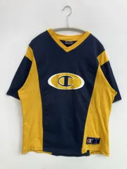 Champion チャンピオン Tシャツ/カットソー L ネイビー 前面プリント ブランドロゴ ミドル丈 半袖 Vネック