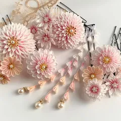 成人式 振袖 つまみ細工髪飾り10点セット｜正絹暈し染め 桜色×白｜卒業式 袴 結婚式 和装 前撮り