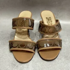 Salvatore Ferragamo サルヴァトーレフェラガモ サンダル ミュール ヒール クリアストラップ ロゴ レザー ベージュ ブラウン レディース イタリア製 MADE IN ITALY オープントゥ ドレスサンダル レディース