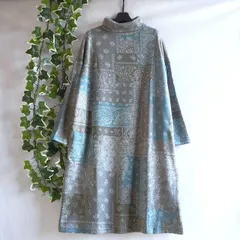 新品 a047 ML 裏起毛 あったか ワンピース 水色系 秋 冬 ペイズリー柄 レディース ゆったりタートル ストレッチ 50代 60代 70代