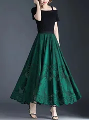 【グリーン】レーススカート レディース ロングスカート フレアスカート ハイウエスト エレガント 透け感 上品 きれいめ 春 夏