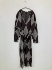 ZARA ザラ ワンピース S グレー コットン リボン キルティング その他総柄 長袖 ひざ丈 フレア