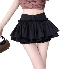 [SLOW＆MELLOW] ミニ フリルスカート インナーパンツ 付き ティアード レディース ミニスカ Aライン 衣装 ダンス 可愛い ハイウエスト ウエストゴム 2カラー ミニ スカート スカパン ペチコート ペチパン 韓国 大人 カ [ブラック] [M]