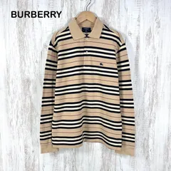 美品 BURBERRY LONDON バーバリーロンドン 定番カラー ベージュ ボーダー ホースロゴ刺繡  ロングスリーブ ポロシャツ メンズ トップス