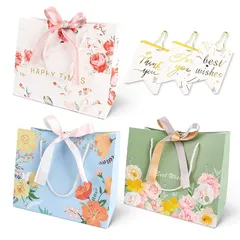 【新品】 ラッピング プレゼント 袋 ラッピング袋 【選べる31デザイン・サンクスタグ9枚付き・多用途】 紙袋 ギフト 手提げ ラッピング 袋 小 大 ギフト袋 ギフトバッグ 包装袋 誕生日 花柄 リボン付き (バリエカラー-02,M) 1