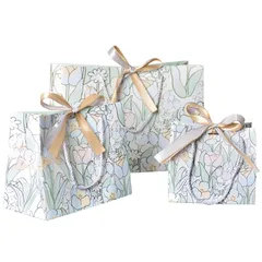 【新品】 moin moin 紙袋 手提げ袋 ラッピング 2色 リボン 付 5枚セット チューリップ アクアブルー 幅18×高さ16×マチ10cm 花 花柄/全面柄 マチ大きめ レトロ アンティーク シック ギフト プレゼント ミニ ゴールド ブルー シン 0