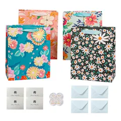 【新品】 光樹製紙 かわいい花A ギフトバッグ(Ｍサイズ4枚セット+メッセージカード4枚) 高級クラフト 紙袋 ラッピング袋 プレゼント用 返礼品用 景品用 贈り物 お祝い(23*10*18cm) 花A-M