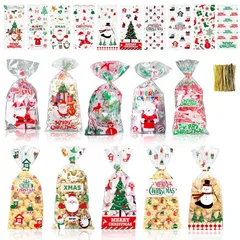【新品】 クリスマス 袋 【10柄100枚入り・100本リボン付】クリスマス ラッピング 袋 透明 クリスマス お菓子 小分け袋 プレゼント ギフトバッグ キャンディバッグ クリスマスキャラクター ラッピング用品 可愛い 1