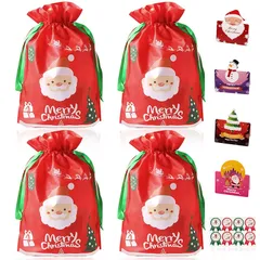 【新品】 GOKEI クリスマス ギフトバッグ ラッピング 袋 【4枚セット】 巾着袋 ギフト巾着 お祝い バッグ リボン付 プレゼント用 贈り物 包装袋 キャンディ スナック ビスケット パーティーバッグ