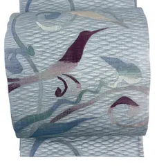 【美品】 袋帯 秀品 夏帯 鳥 唐草 青灰色 六通 正絹 【中古】