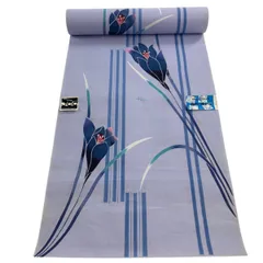 反物 優品 浴衣 草花 縞 水色 綿 【中古】