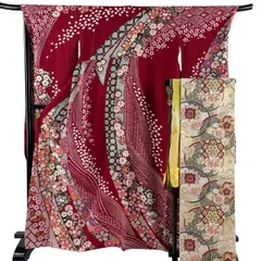 振袖 身丈165.5cm 裄丈69cm L 袷 袋帯フルセット 桜 熨斗 銀通し 絞り 赤 正絹 名品 【中古】