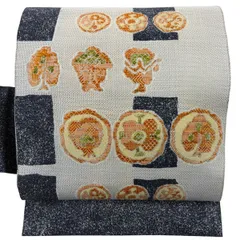 【美品】 名古屋帯 優品 幾何学模様 青灰色 正絹 【中古】