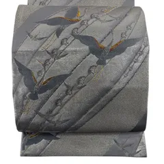 袋帯 秀品 鳥 金銀糸 箔 灰色 六通 正絹 【中古】