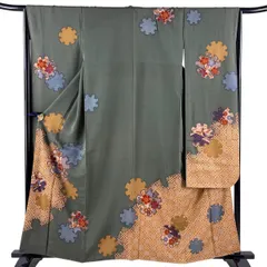 振袖 身丈159cm 裄丈65cm M 袷 雪輪 桜 刺繍 茶緑色 正絹 秀品 【中古】