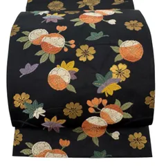 【美品】 袋帯 秀品 草花 金糸 箔 黒 お太鼓柄 正絹 【中古】