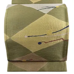 【美品】 袋帯 秀品 幾何学 金糸 箔 抹茶色 六通 正絹 【中古】