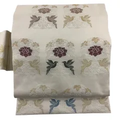 名古屋帯 秀品 樹下双鳥文 金糸 クリーム 正絹 【中古】