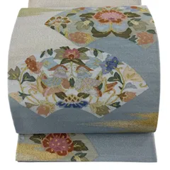 袋帯 逸品 扇面 花鳥 金銀糸 青灰色 六通 正絹 【中古】