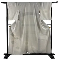 付下げ 身丈159cm 裄丈67cm M 袷 秋草 波 金糸 金彩 灰白 正絹 秀品 一つ紋 【中古】