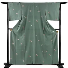 小紋 身丈160.5cm 裄丈66cm M 袷 桜 薄緑 正絹 秀品 【中古】