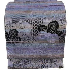 【美品】 袋帯 名品 葉柄 段縞模様 金糸 薄紫 全通 正絹 【中古】