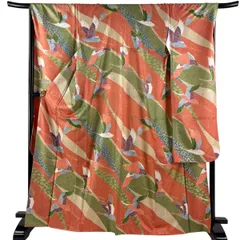 振袖 身丈168cm 裄丈68cm L 袷 落款 鶴 花柄 金彩 オレンジ 正絹 秀品 【中古】