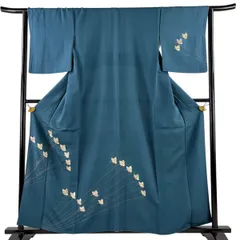 付下げ 身丈159cm 裄丈64cm M 袷 蝶 草花 金糸 金彩 青緑 正絹 秀品 【中古】