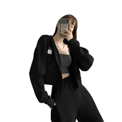 [レグエイト] レディース ショート パーカー クロップド 丈 ワッフル 素材 韓国 カジュアル 羽織り ジップ アップ 無地 ジャケット 秋 冬 春 (JP, アルファベット, XL, ブラック) 