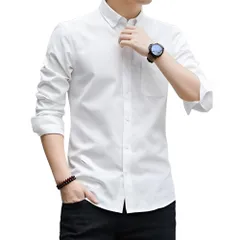 【REG8】メンズ シャツ 長袖 シャツ ゆったり シンプル 無地 カジュアル フォーマル ボタンダウン ブラック ネイビー ホワイト M L XL (JP, アルファベット, M, ホワイト) 