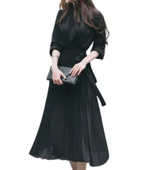 [Lunenon Soleil] 【上品な美しさ】 レディース ロング ワンピース プリーツ シャツワンピース ウエストゴム 着痩せ 上品 通勤 通学 結婚式 パーティー 春 秋 冬 ブラック キャラメル ライトグレー S-2XL 20代 [ブラック] [M]