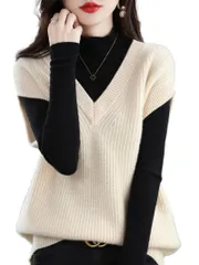 [SLOW＆MELLOW] ニット ベスト レディース シンプル カジュアル 無地 ゆったり トップス 韓国 セーター Ⅴネック 暖かい レイヤード 3カラー ジレ 重ね着 プルオーバー 体系カバー 防寒 対策 暖かい 春 秋 冬 白 色 ホワイ [ベージュ]