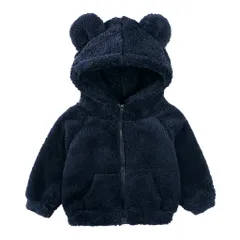 [Kai La Nalu] くま耳 フード アウター もこもこ ジャケット 上着 防寒 子供服 ふわふわ 保育園 通園 女の子 男の子 100 110 120 130 オフホワイト スカイブルー ネイビー カーキ サーモンピンク ブラ [ネイビー] [120]