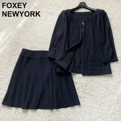 良品 フォクシーニューヨーク FOXEY NEW YORK セットアップ スーツ 上下 ノーカラージャケット ジップアップ フレアスカート ひざ丈 紺 ネイビー レディース 38サイズ S相当 日本製 お受験 卒業式 入学式 フォーマル 洗える ウォッシャブル