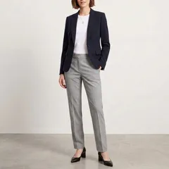 美品 Theory セオリー セットアップ スーツ 上下 テーラードジャケット 1つボタン 紺 ネイビー ロングパンツ スラックス 美脚 センタープレス グレー レディース 00 0 XS S相当 ストレッチ 伸縮性 日本製 フォーマル セレモニー