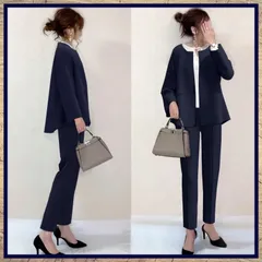 新品 ノーカラースーツ パンツスーツ フォーマルスーツ ネイビー