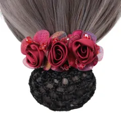 シニヨンネット お団子ネット フラワー リボン バレッタ ネット付き ネット 髪飾り ヘアアクセサリー まとめ髪 ヘアネット 髪色隠し お団子 ヘアクリップ おしゃれ シンプル 大きめ 卒業式 デート 冠婚葬祭 可愛い (レッド, 細網) [レッド] [細網]