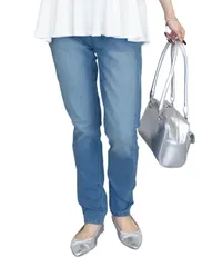 [Four leaf] レディース スキニーデニムパンツ ストレッチ 美脚 ジーンズ ウエストゴム 伸縮性 体型カバー ジーパン 細身 カジュアル 大人コーデ 通勤 通学 デイリー (JP, アルファベット, M, ブルー) [ブルー] [M]