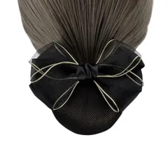 シニヨンネット バレッタ ネット付き お団子ネットリボン 大きめヘアネット 髪ネットリボン レディースヘアアクセサリー 髪留め (ブラック, シフォン) [ブラック] [シフォン]