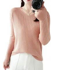 [グリーンパキラ] セーター レディース 秋冬 リブニット トップス vネックセーター 長袖 カットソー ニット 春 vネック オフィスカジュアル 秋 冬 ニット レディーストップス 女性 ブイネック プルオーバー 秋服 冬服 服 [ピンク] [L] [標準]