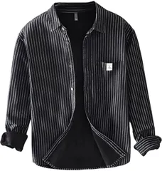 [アスペルシオ] ストライプ柄 裏フリース アメカジ シャツ 秋冬 防寒 あったか 襟付き トップス メンズ 長袖 裏起毛 オシャレ ストリート キレイめ アウトドア ふわふわ レトロ 着やすい 柔らかい モコモコ ブルゾン 透 [ブラックストライプ] [L]
