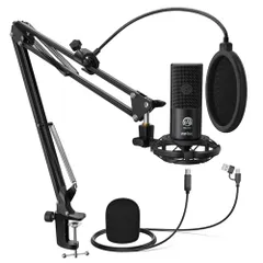 FIFINE USBマイクセット コンデンサーマイク ゲーミングマイク 単一指向性 アームスタンド付き（三脚スタンドなし） ポップガード付き 配信用マイク ABタイプ USBケーブル PC用 Skype 録音 ゲーミング ライブ配信 ゲーム実 7737715c