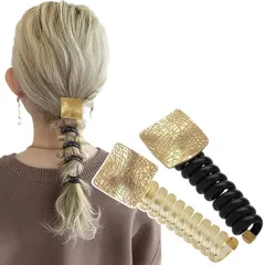 ヘアゴム ヘアアクセサリー コイルポニー パール ワイヤーポニー 電話コード型 髪ゴム おしゃれ 可愛い 跡がつかない スプリングヘアゴム 髪飾り ２個セット (スクエア) [スクエア]