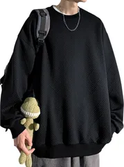 [Quikaboo] トレーナー メンズ 秋服 大きい 長袖 パーカー ゆったりクルーネック 秋 冬 ワッフル おしゃれ 無地 カジュアル 人気 かっこいい (ブラック, M) [ブラック] [M]